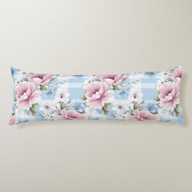 PRETTY PASTEL PINK WHITE BLUE WATERCOLOR FLOWERS BODY PILLOW (Front)