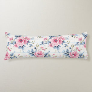 PRETTY PASTEL PINK WHITE BLUE WATERCOLOR FLOWERS BODY PILLOW
