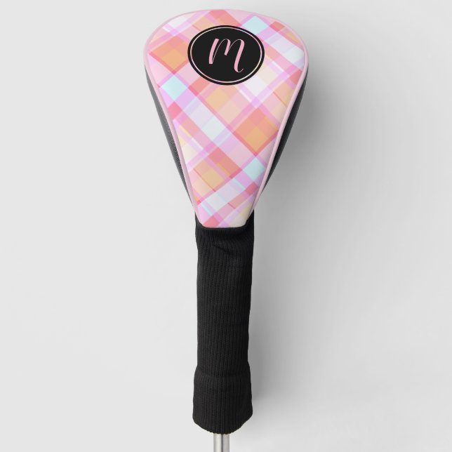 Pretty Pastel Plaid Pattern Monogram Golf Head Cover (Front)
