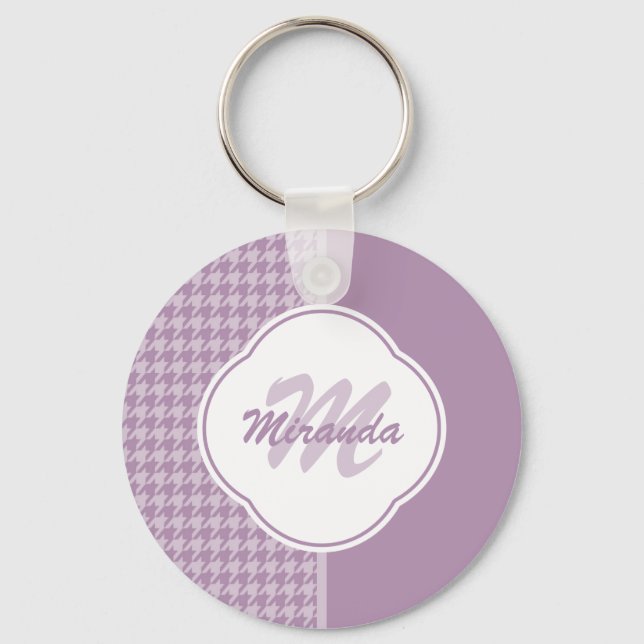 Pretty Pastel Purple Houndstooth Monogram and Name Keychain (Front)
