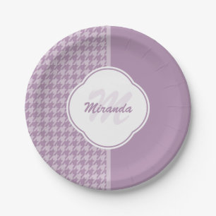 Pretty Pastel Purple Houndstooth Monogram and Name Paper Plate