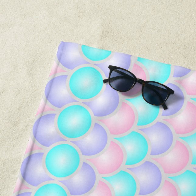 pretty pastel purple pink turquoise mermaid scales beach towel (In Situ)