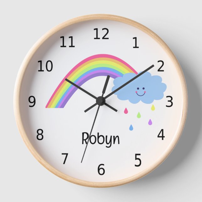 Pretty pastel rainbow and rain, personalized clock (Front)