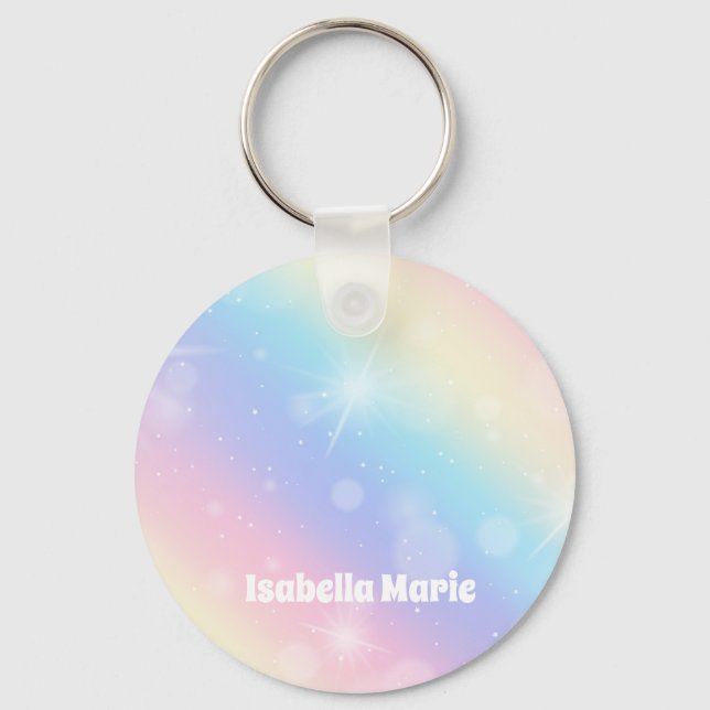 Pretty Pastel Rainbow Sparkle Girly Personalized Keychain (Front)