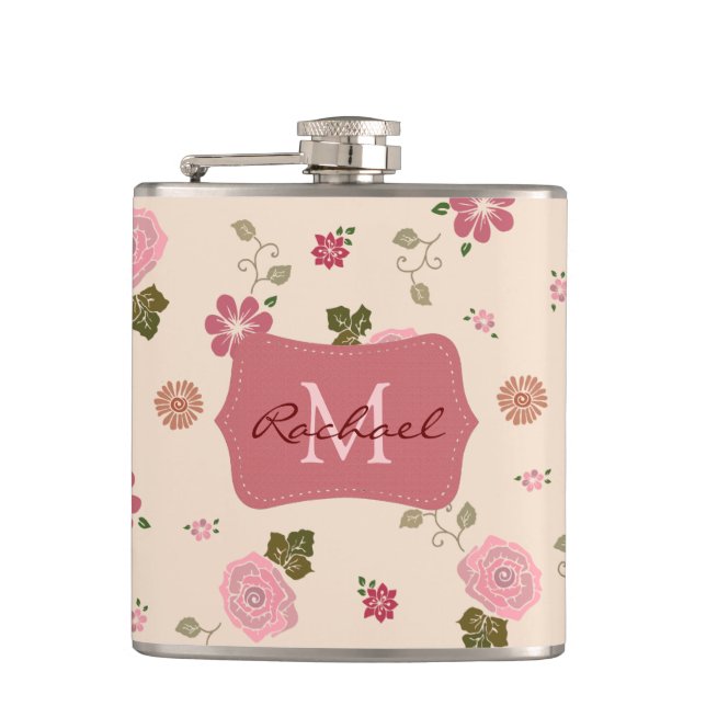 Pretty Pastel Rose Floral Pattern Personalised Hip Flask (Front)