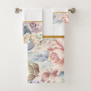 PRETTY PASTEL SPRING FLORAL BATHROOM TOWEL SET