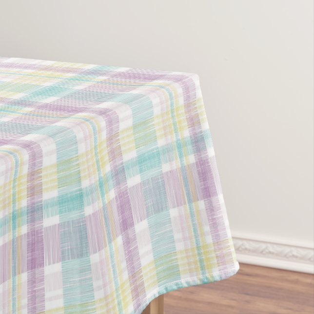 Pretty Pastel Stripes, Plaid Pink Yellow Blue Tablecloth (In Situ)