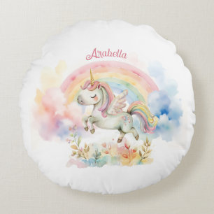 Pretty Pastel Unicorn and Rainbow Round Pillow