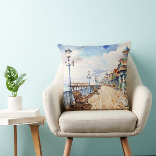 PRETTY PASTEL WATERCOLOR BOARDWALK AND BEACH THROW PILLOW