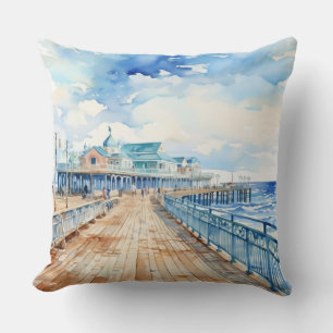 PRETTY PASTEL WATERCOLOR BOARDWALK AND BEACH THROW PILLOW