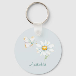 Pretty Pastel Watercolor Butterfly and Daisy Keychain