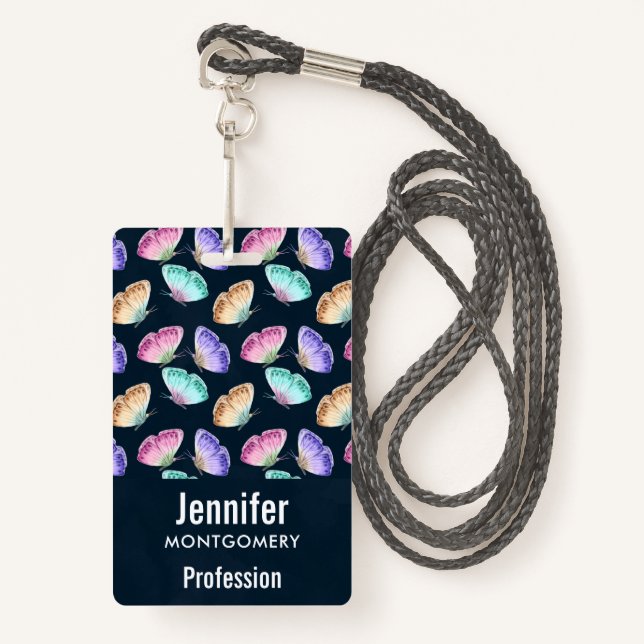 Pretty Pastel Watercolor Butterfly Pattern Badge (Front with Lanyard)