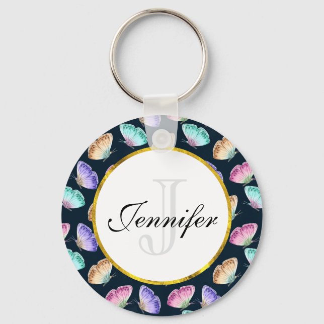 Pretty Pastel Watercolor Butterfly Pattern Keychain (Front)