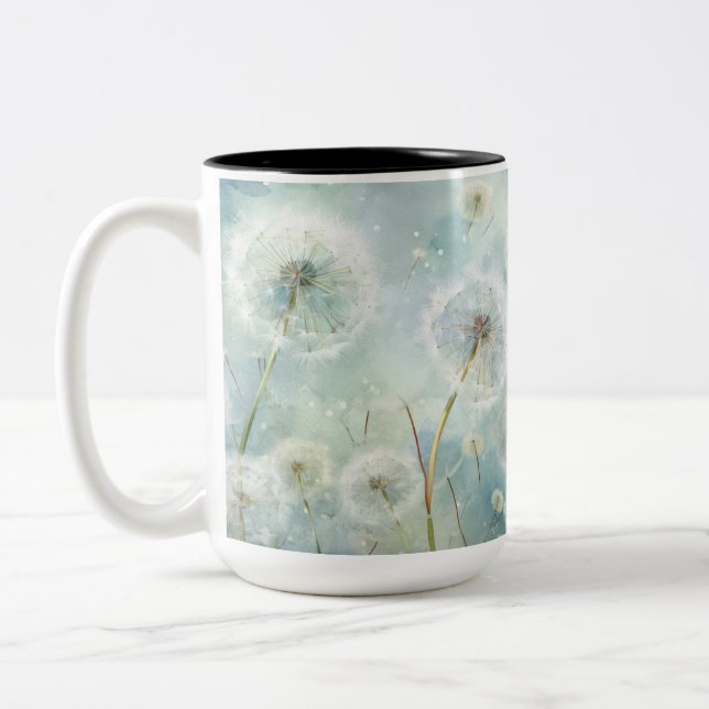 PRETTY PASTEL WATERCOLOR DANDELION FLOWERS Two-Tone COFFEE MUG (Left)