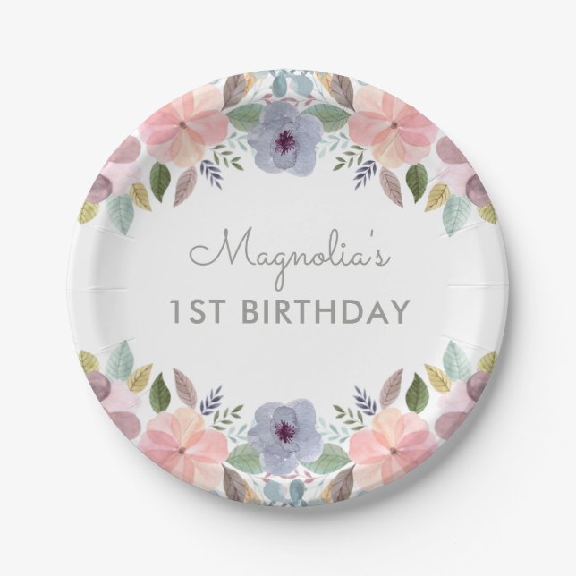 Pretty Pastel Watercolor Floral Birthday Name Paper Plate (Front)