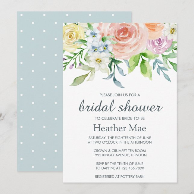 Pretty Pastel Watercolor Floral Bridal Shower Invitation (Front/Back)