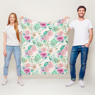Pretty Pastel Watercolor Floral Fleece Blanket