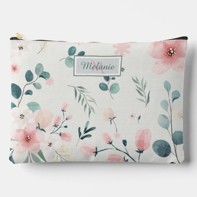 Pretty Pastel Watercolor Floral Personalised Accessory Pouch (Front)