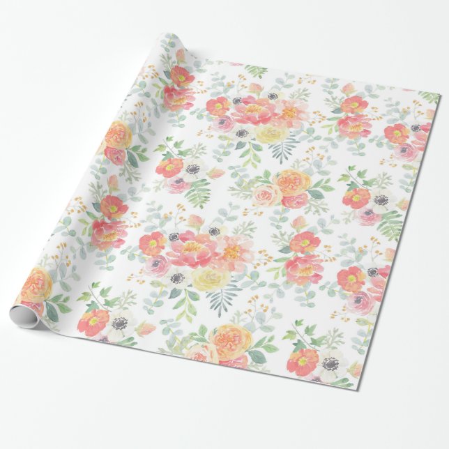 Pretty Pastel Watercolor Floral Wrapping Paper (Unrolled)