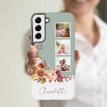 Pretty Pastel Watercolor Flowers, 3-Photos w/Name Samsung Galaxy Case<br><div class="desc">Customize this pretty three-photo template design with your name or monogram on a blank label element that you can customize with the colour of your choice. It features a colourful corner spray of watercolor blush, rust and ivory roses and chrysanthemums with sage green and brown foliage. Background colour is also...</div>