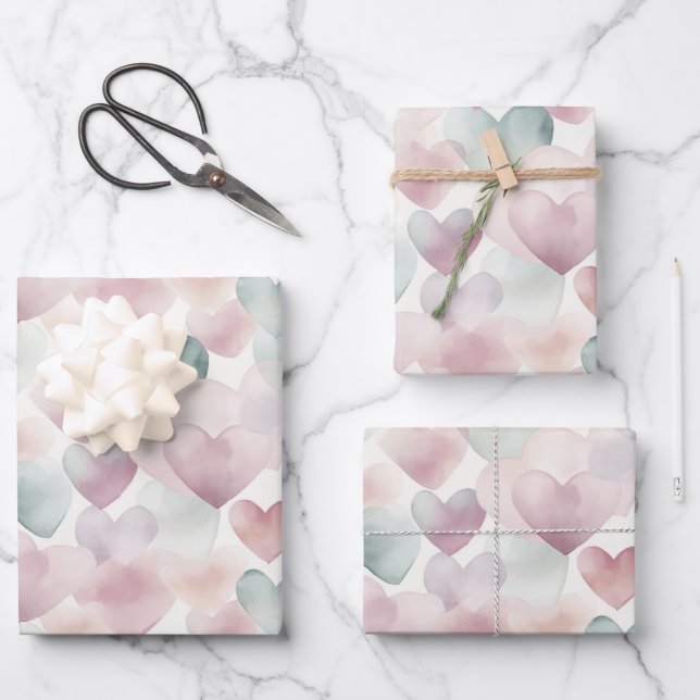 Pretty Pastel Watercolor Heart Pattern  Wrapping Paper Sheet (Front)
