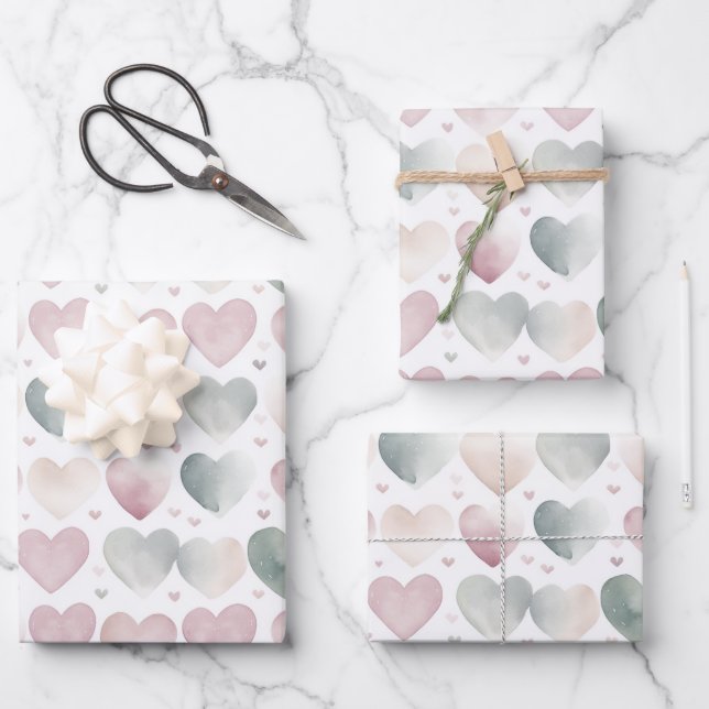 Pretty Pastel Watercolor Heart Pattern  Wrapping Paper Sheet (Front)