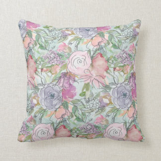Pretty Pastel Watercolor Lineart Flowers Throw Pillow