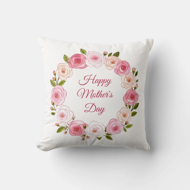 Pretty Pastel Watercolor Rose Wreath Throw Pillow (Front)
