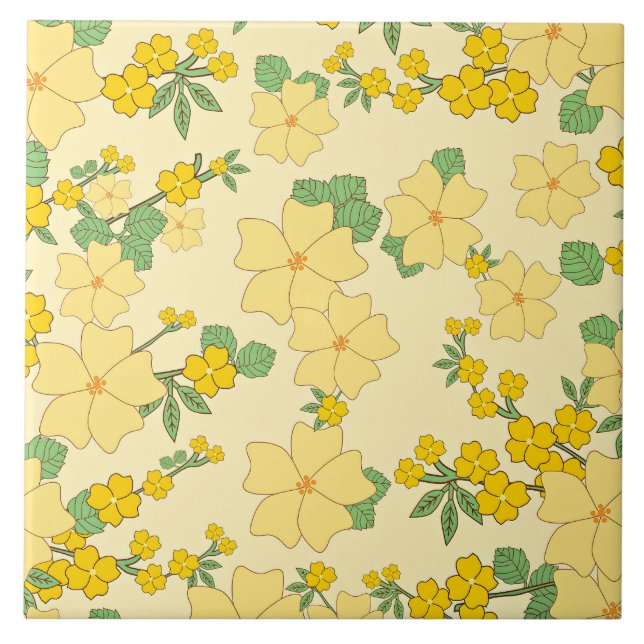 Pretty Pastel Yellow Floral Pattern, Tile (Front)