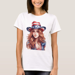 PRETTY PATRIOTIC RED HAIRED GIRL WITH COWBOY HAT T-Shirt