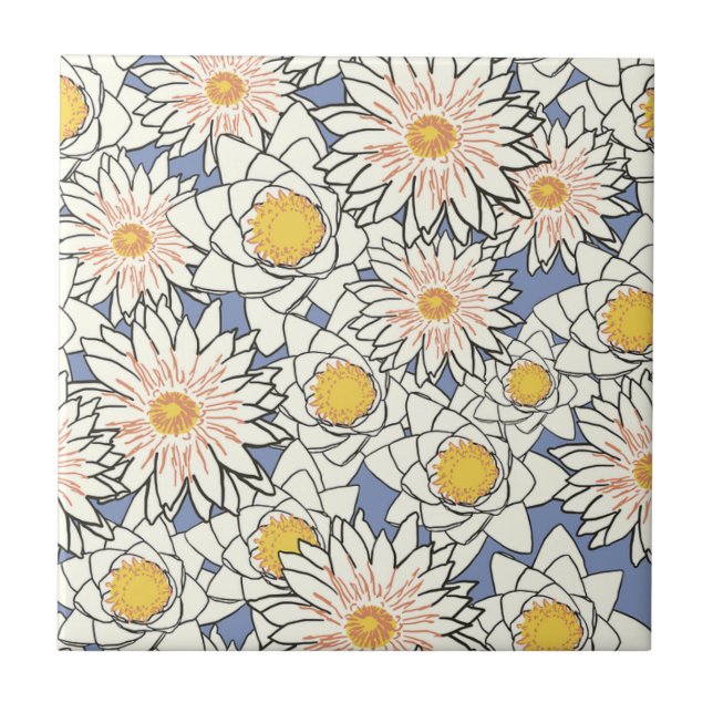 Pretty pattern of white and yellow flowers l Blue  Tile (Front)