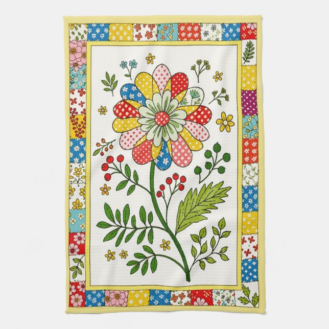 Pretty Patterned Flower Tea Towel. Kitchen Towel (Vertical)