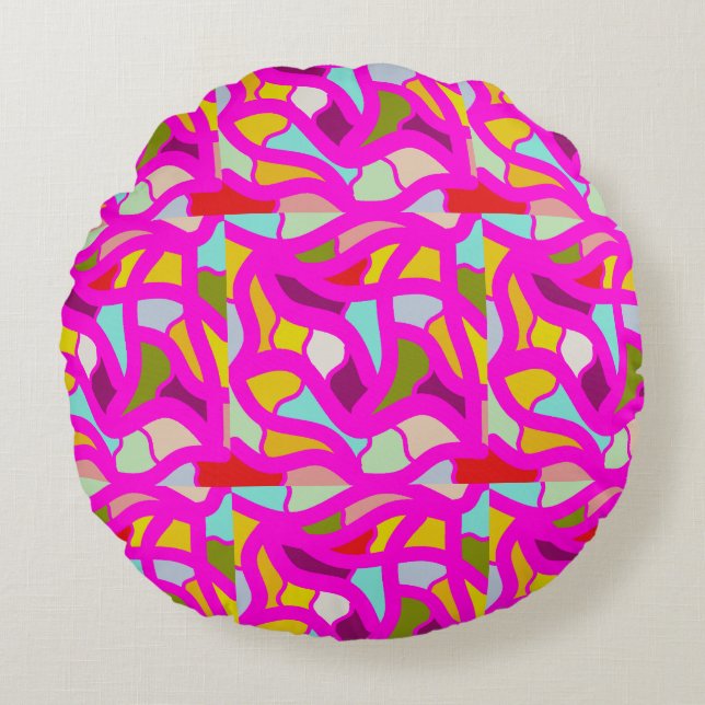 Pretty patterns in pink and rainbow colours round pillow (Front)