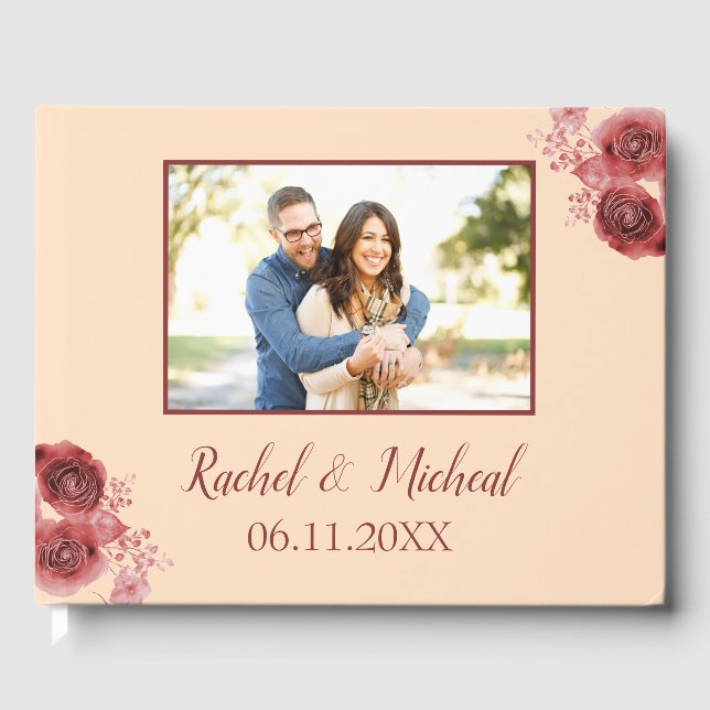 Pretty Peach and Burgundy  Beauty Wedding Photo Guest Book (Front)