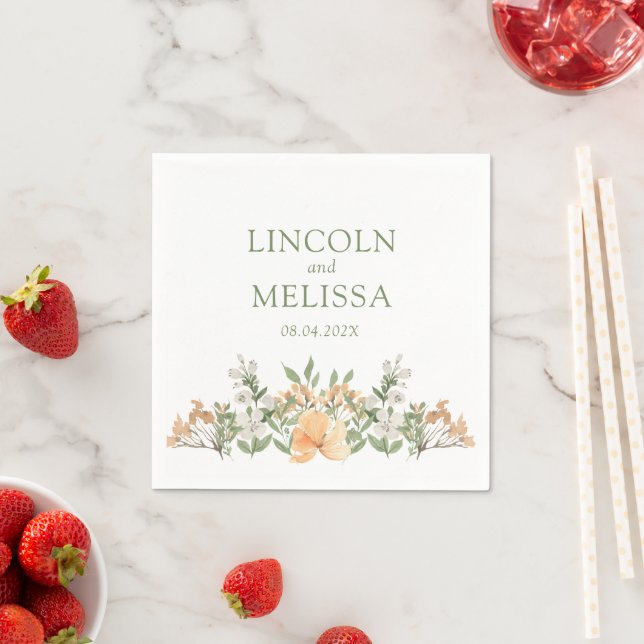 Pretty Peach and White Floral Wedding Napkin (Insitu)