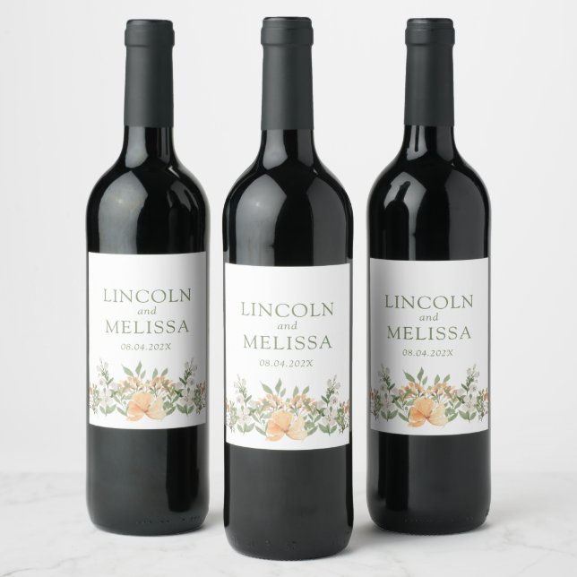 Pretty Peach and White Floral Wedding  Wine Label (Bottles)
