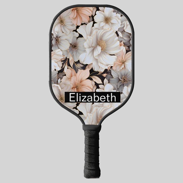 Pretty Peach and White Peony Personalized Pickleball Paddle (Creator Uploaded)