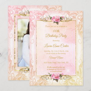 Pretty peach coral pink rose photo Birthday Party Invitation