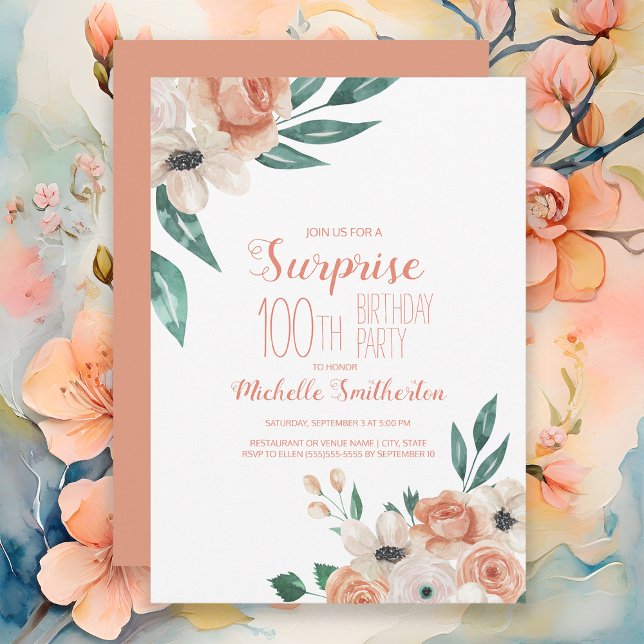 Pretty Peach Cream Floral 100th Birthday Invitation (Elegant peach watercolor floral surprise 100th birthday party invitation for women.)