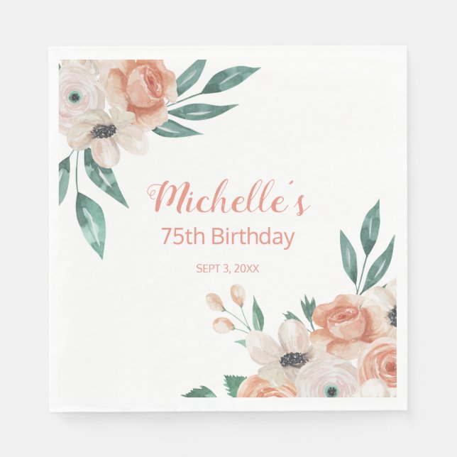 Pretty Peach Cream Floral 75th Birthday Napkin (Front)