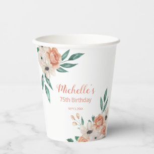 Pretty Peach Cream Floral 75th Birthday Paper Cups