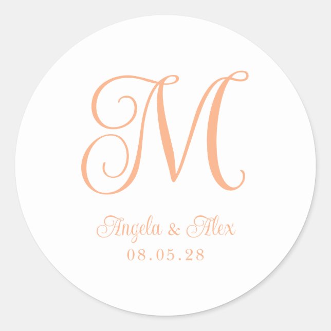 Pretty Peach Curly Wedding Monogram Classic Round Sticker (Front)
