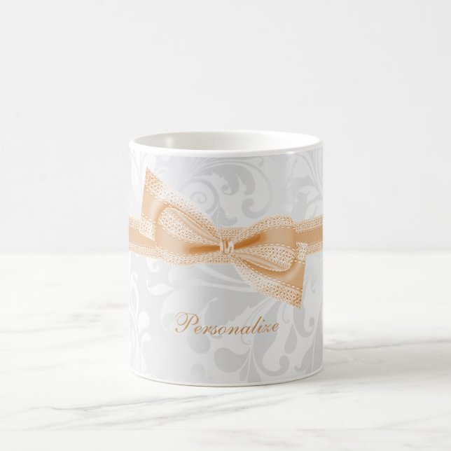 Pretty Peach Faux Bow & Ribbon & Damask Coffee Mug (Center)