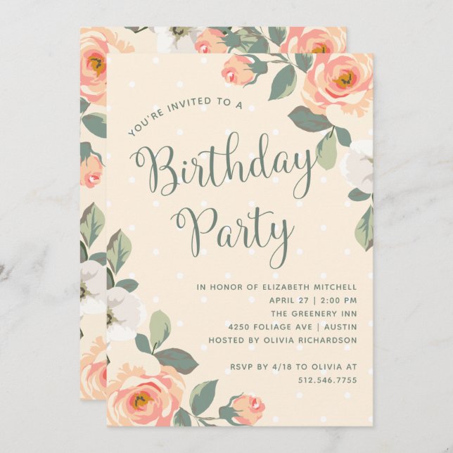 Pretty Peach Floral | Birthday Party Invitation (Front/Back)