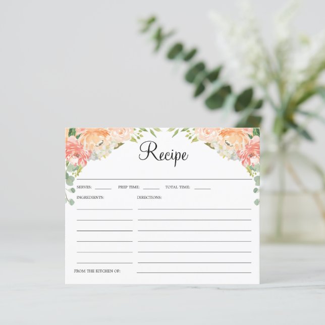 Pretty Peach Floral Bridal Shower Recipe Card (Standing Front)