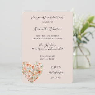 Pretty Peach Floral Heart Bridal Shower Invitation