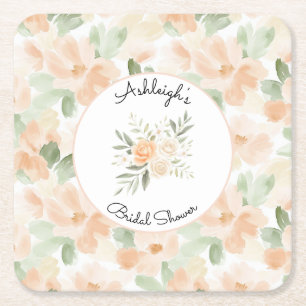 Pretty Peach Flowers Bridal Shower Square Paper Coaster