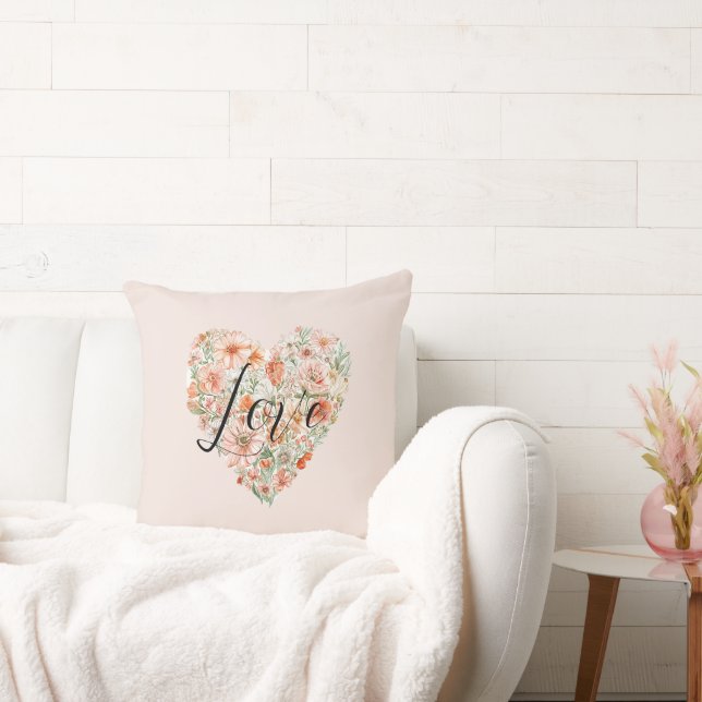 Pretty Peach Flowers Heart Throw Pillow (Couch)