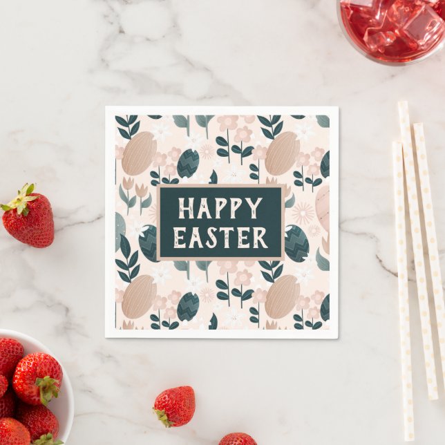Pretty Peach Green Boho Botanical Easter Egg     Napkin (Insitu)