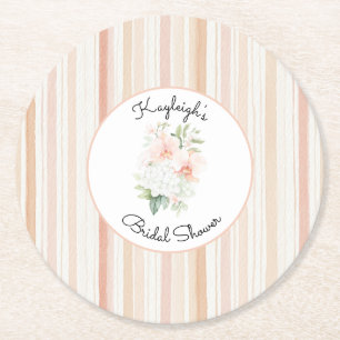 Pretty Peach Orchid Flowers Stripes Bridal Shower Round Paper Coaster